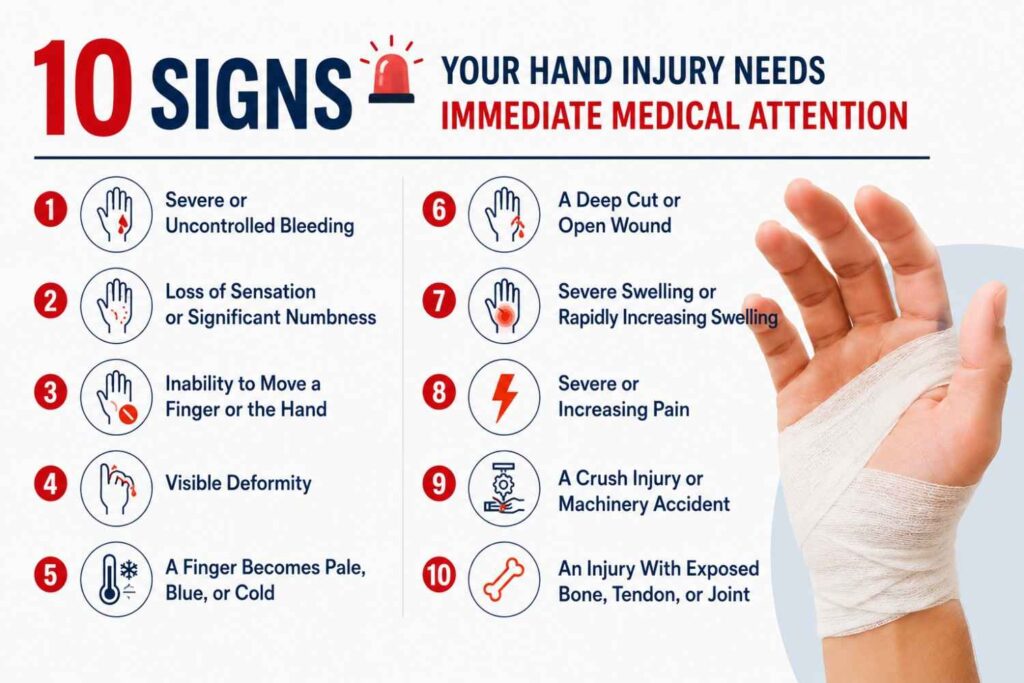 Medical infographic showing the 10 warning signs that a hand injury needs immediate medical attention, alongside a realistic bandaged hand.