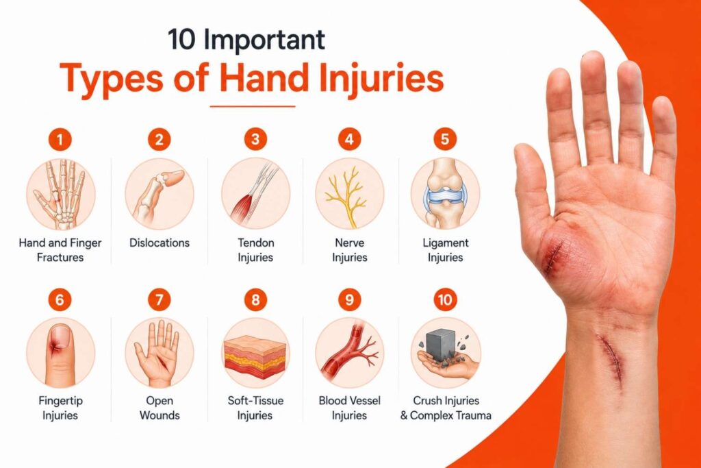 Medical infographic showing the 10 important types of hand injuries with a realistic injured hand and illustrations of fractures, dislocations, tendon, nerve, ligament, fingertip, open wound, soft tissue, blood vessel, and crush injuries.