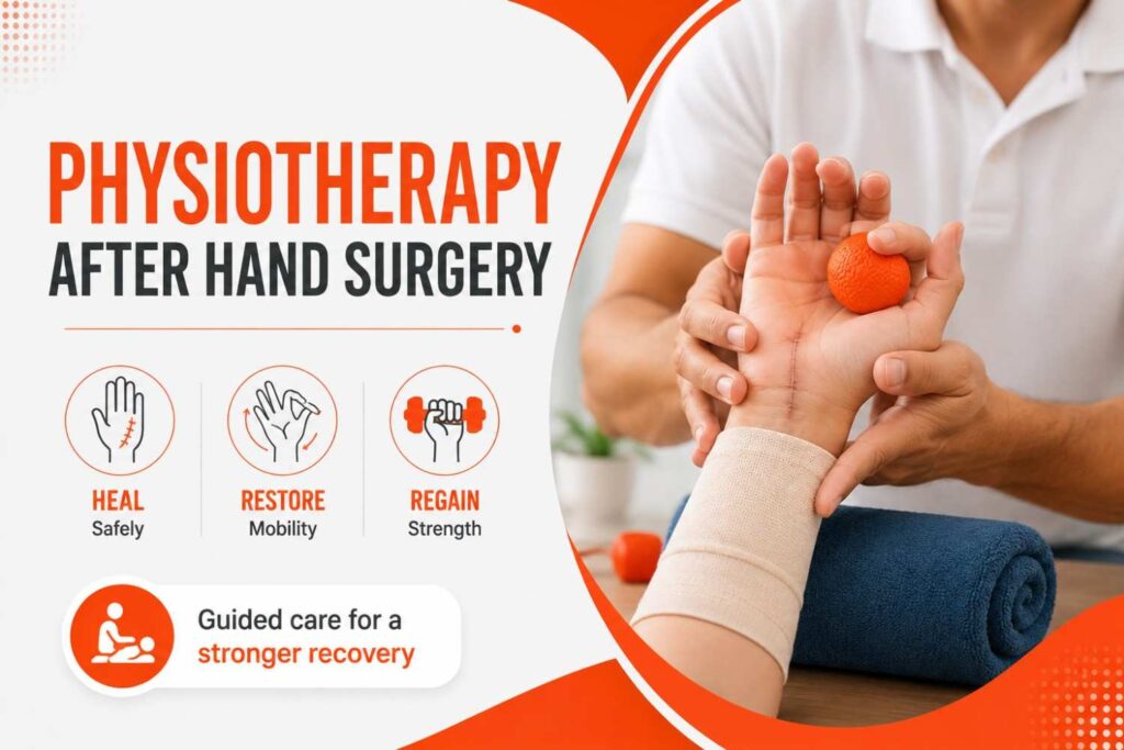 Featured image showing a physiotherapist guiding hand rehabilitation exercises after hand surgery, with a patient using a therapy ball in an orange and white healthcare design.