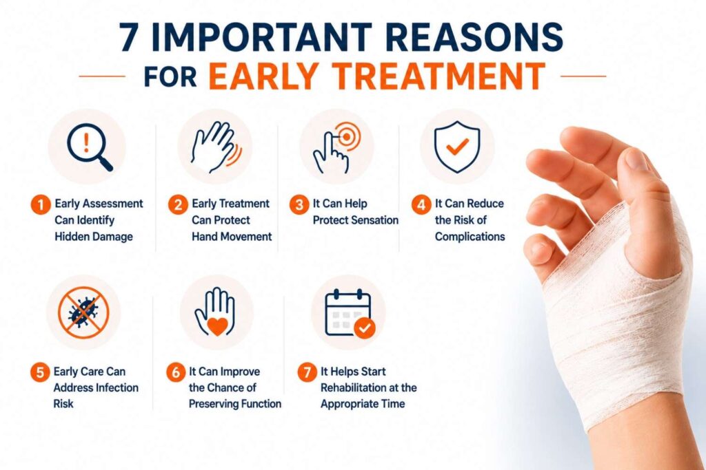 Medical infographic highlighting seven important reasons for early treatment of hand injuries, featuring a bandaged hand and simple icons representing the benefits of prompt medical care.