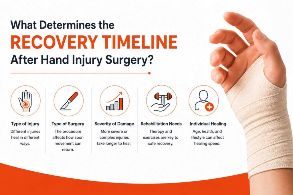 Medical infographic illustrating the factors that determine the recovery timeline after hand injury surgery, featuring a bandaged hand and key recovery factors.