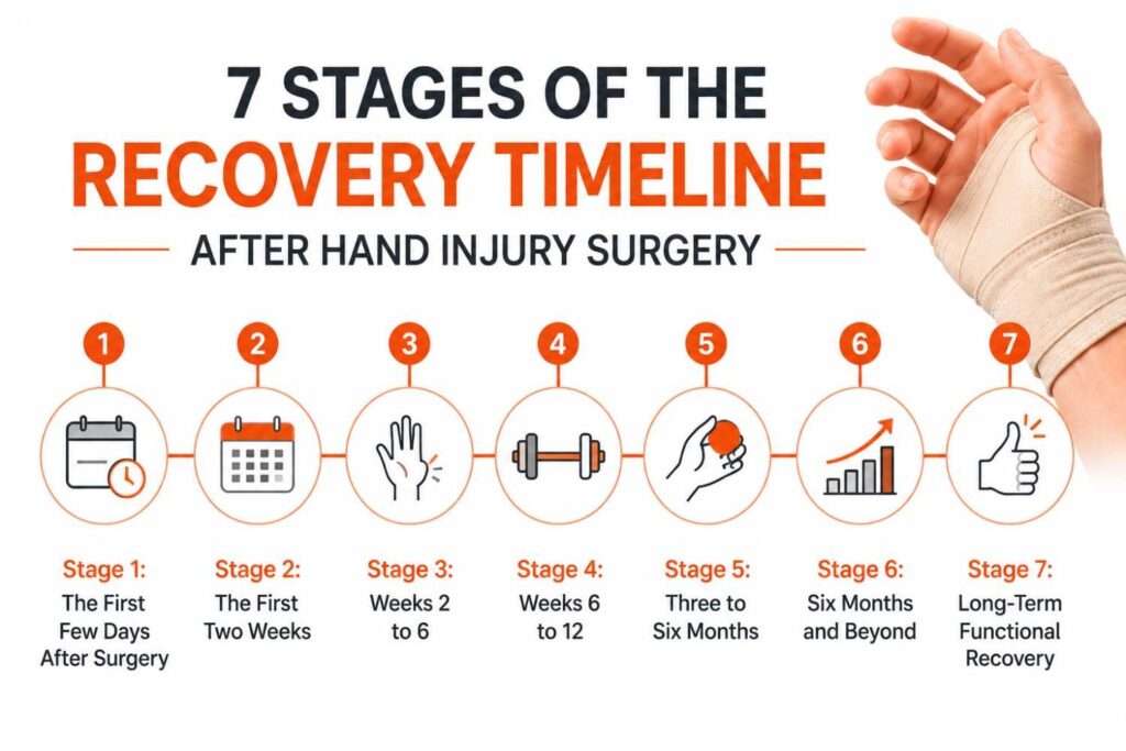 Medical infographic illustrating the seven stages of the recovery timeline after hand injury surgery with a bandaged hand and a simple step-by-step recovery timeline.