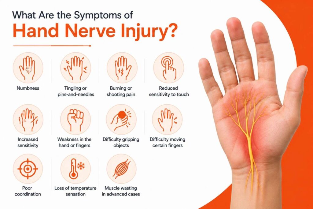 Medical infographic illustrating the common symptoms of hand nerve injury with a realistic hand showing nerve pathways and key neurological symptoms.