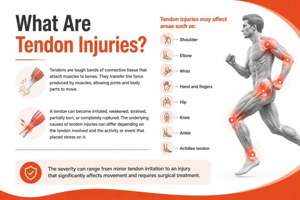Tendon injuries affecting the shoulder, elbow, wrist, hand, hip, knee, ankle, and Achilles tendon