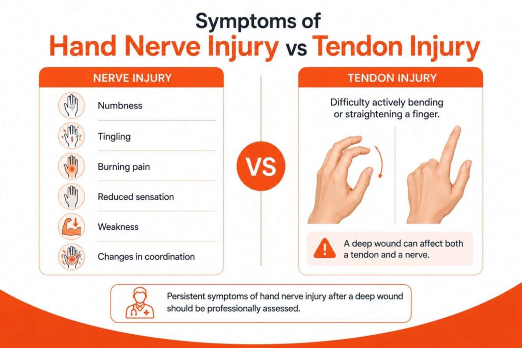 Comparison infographic showing the symptoms of hand nerve injury versus tendon injury with simple illustrations of hands and key differences.