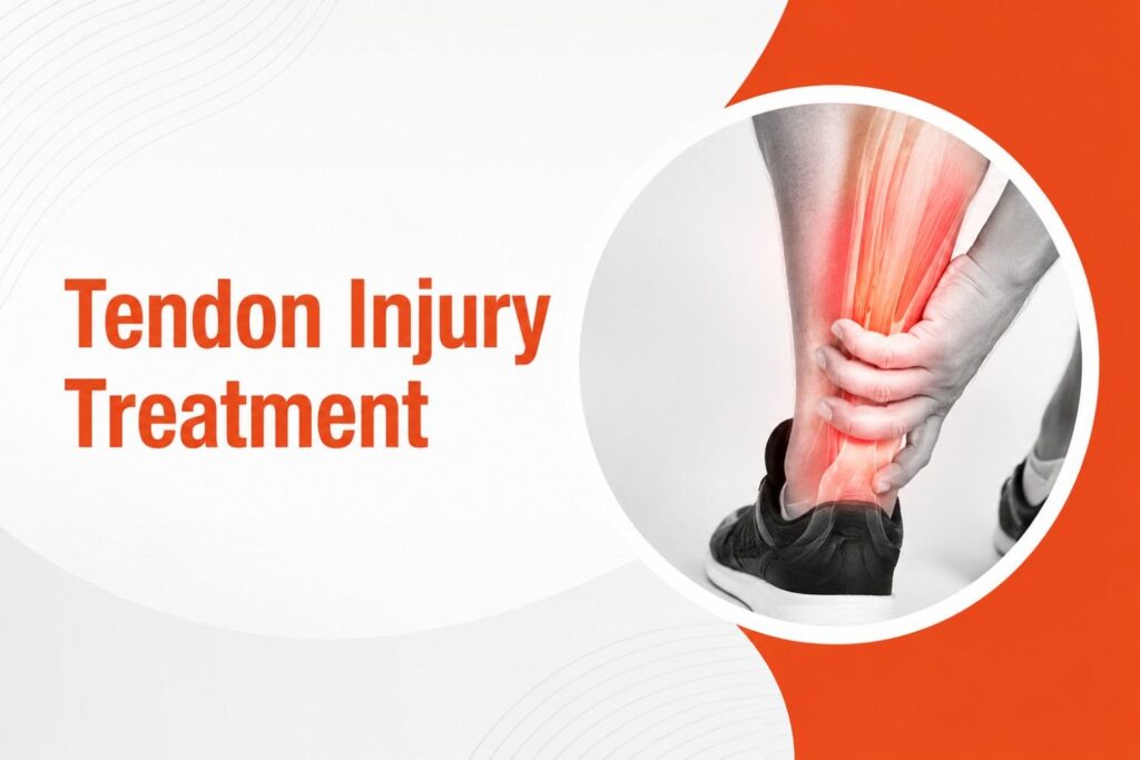 Tendon Injury Treatment with highlighted ankle tendon pain