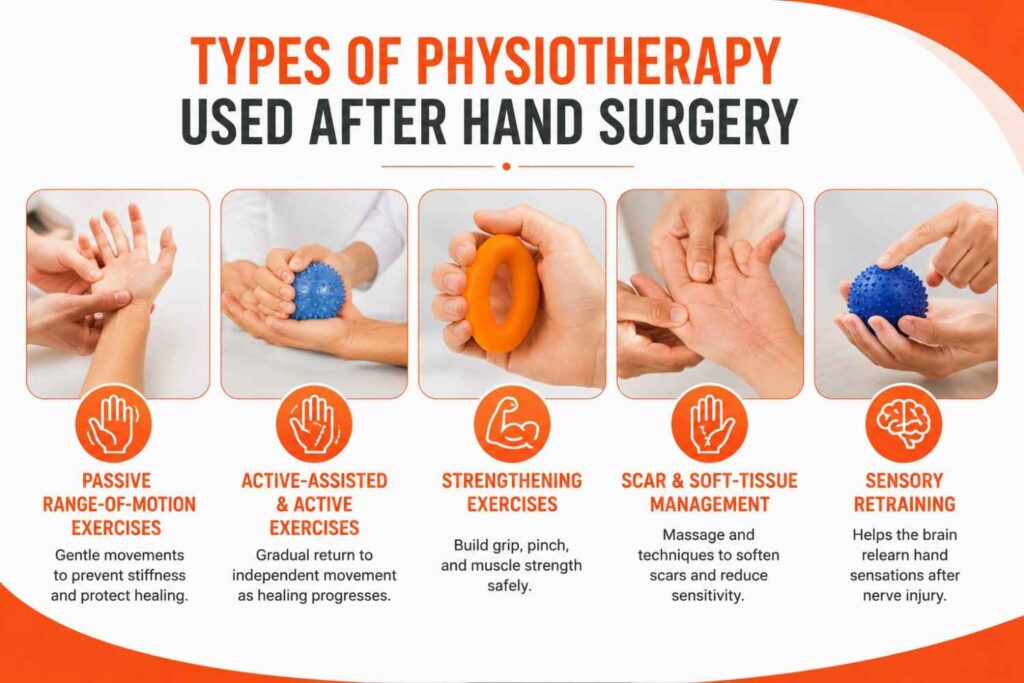 Infographic illustrating the main types of physiotherapy used after hand surgery, including passive range-of-motion exercises, active-assisted exercises, strengthening exercises, scar and soft-tissue management, and sensory retraining.