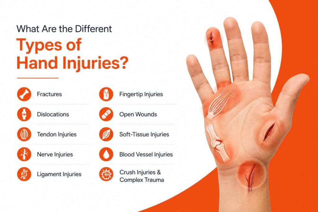Medical infographic illustrating the different types of hand injuries, including fractures, dislocations, tendon, nerve, ligament, fingertip, soft tissue, blood vessel, and crush injuries, alongside a realistic injured hand.