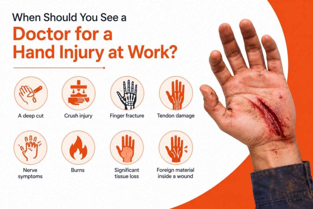 Medical infographic showing common workplace hand injuries that require medical attention, including deep cuts, crush injuries, fractures, tendon damage, burns, and nerve injuries, alongside a realistic injured hand.